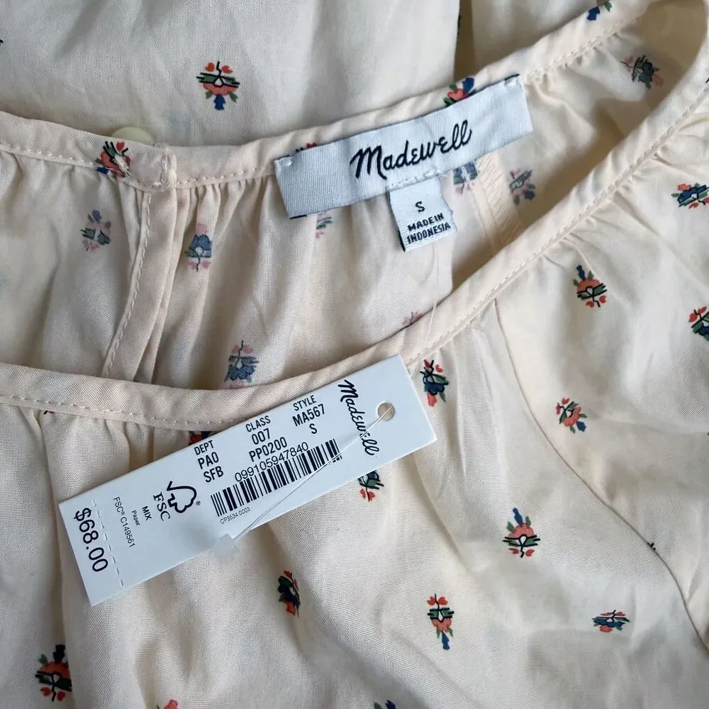 MADEWELL Gathered Puff-Sleeve Crop Top S Sunrise Floral Bone Peach NWT B94
